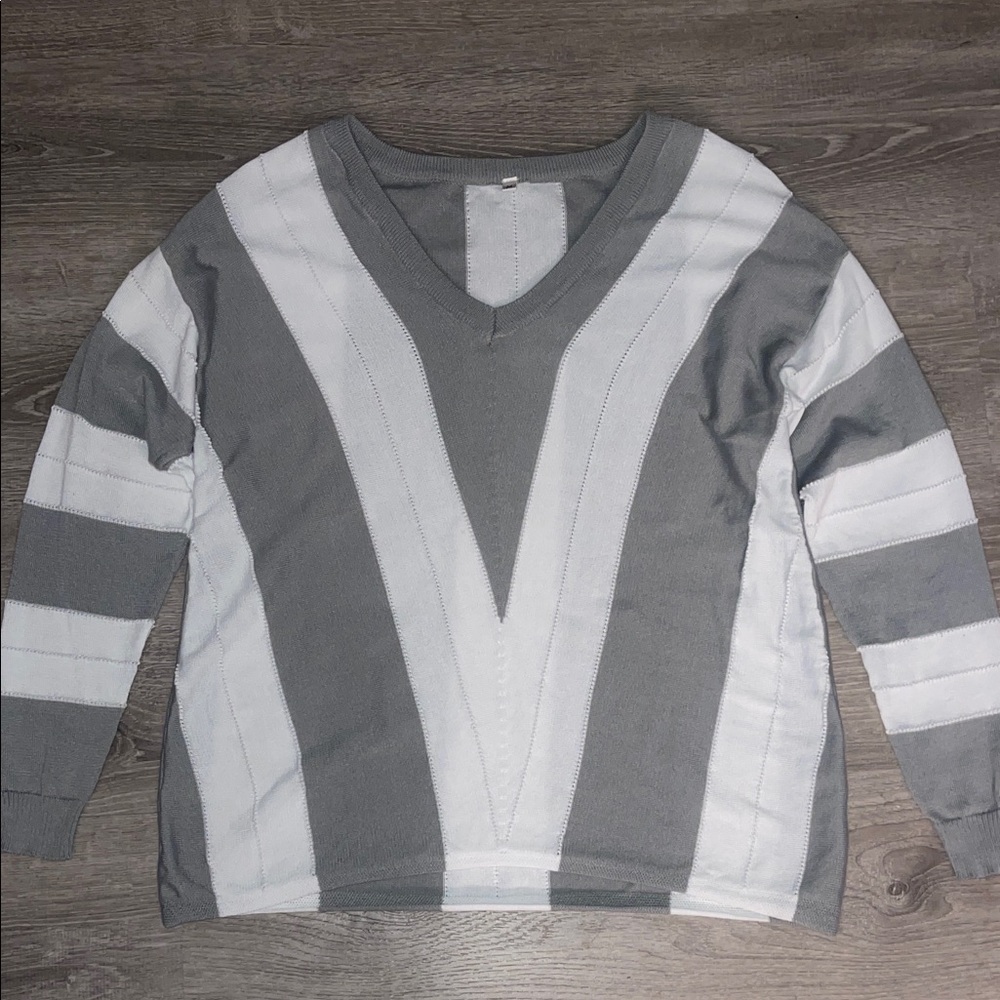 Gray and White V-Neck Sweater